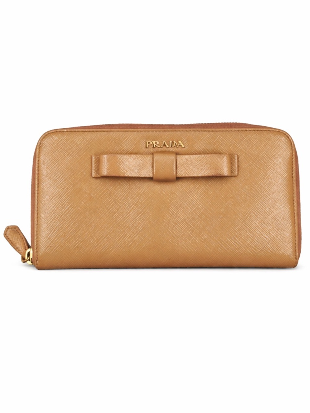 PRADA Saffiano Leather Bow Wallet Beige Nude Zip Around Authentic